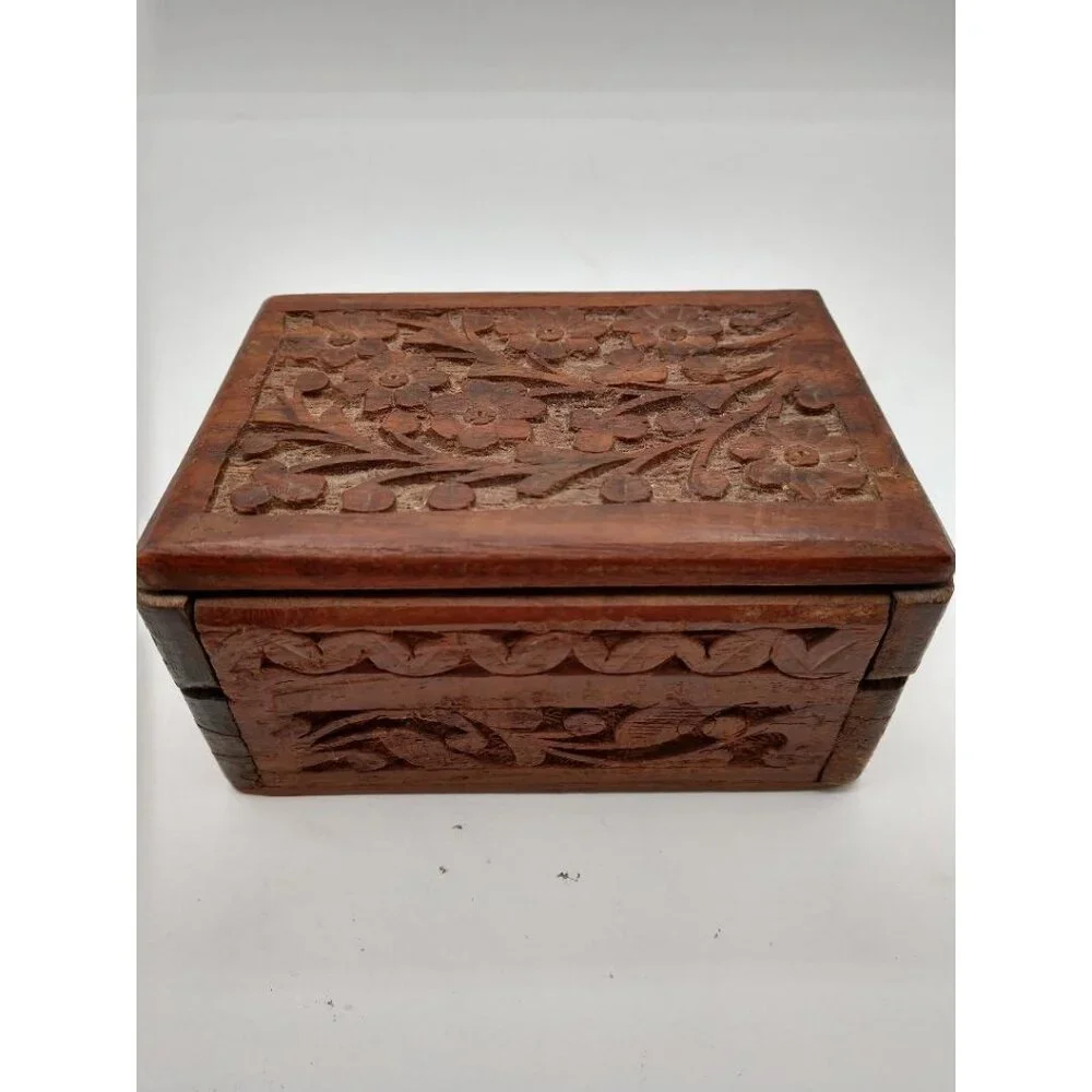 Hand-Carved Floral Wooden Keepsake Box With Hinged Lid